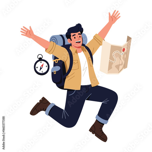 Joyful Trekker: An illustration capturing the spirited adventure of a happy hiker with map, compass, and backpack, embodying the thrill of the open trail.
