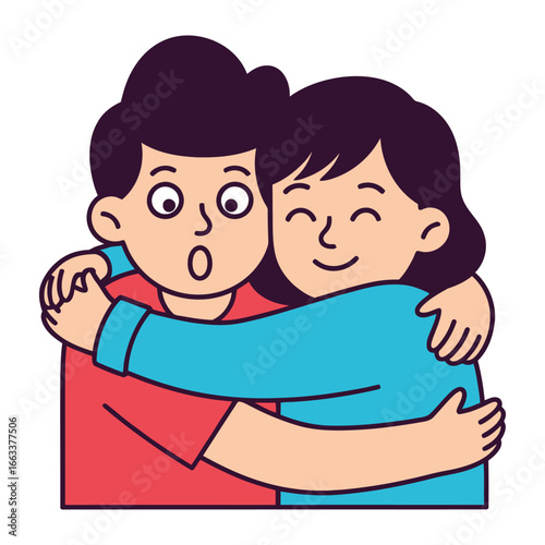 Joyful Embrace: A warm, cartoonish illustration of two individuals in a loving embrace, embodying the concepts of friendship and affection in a vivid, eye-catching style. 