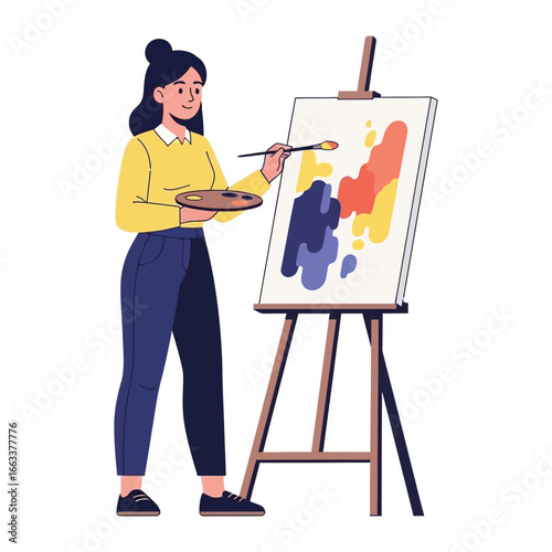 Artist at Work: A focused artist stands before an easel, meticulously applying vibrant colors to a canvas, showcasing dedication and artistic passion.
