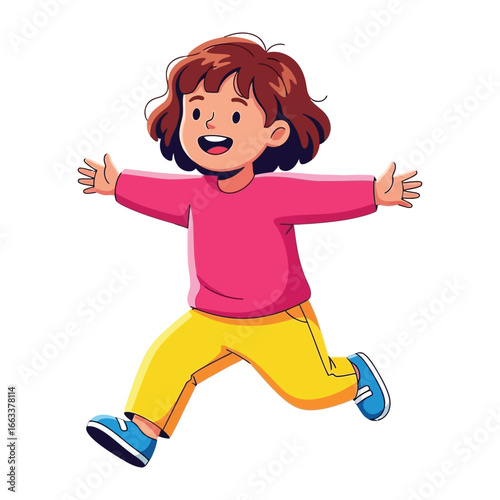 Joyful Youthful: A charming cartoon illustration of a young child with open arms exuding happiness and embracing the concept of playfulness.