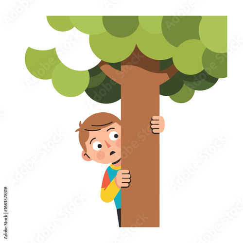 Hide and Seek: a curious and playful moment captured as a young person playfully peeks from behind a tree, inviting viewers to experience the joy of the game and the thrill of discovery.