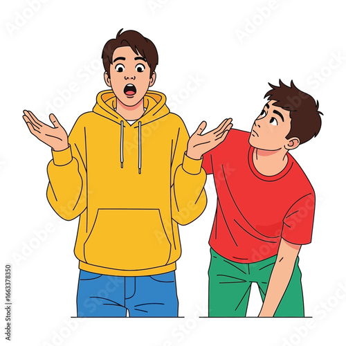 Uncertainty Unveiled: Two young individuals stand, the one wearing yellow hoodie expressing bewilderment as their companion regards with a quizzical glance.