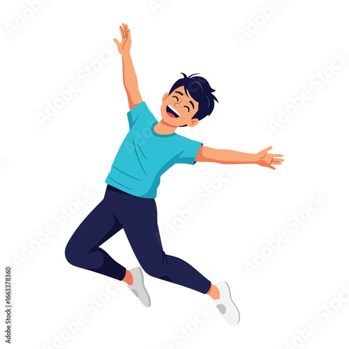 Joyful Leap: A cheerful young boy leaps with unrestrained joy, his arms outstretched, against a backdrop of pure happiness, representing childhood bliss.