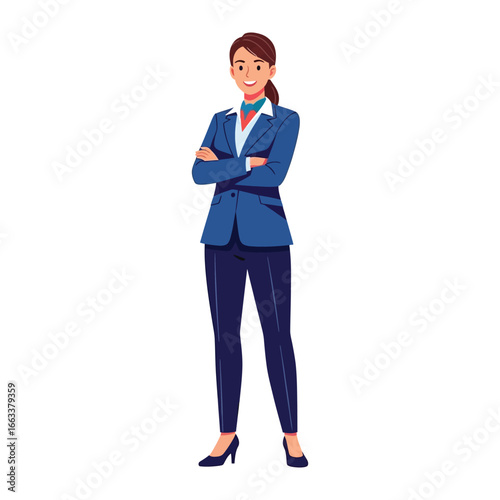 Professional Flight Attendant in Uniform: A poised flight attendant, elegantly dressed in a navy blue uniform and scarf, stands with arms crossed, showcasing a professional and approachable demeanor.