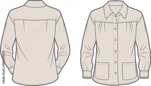 Button-Up Shirt, Pleated Back Yoke, Pointed Collar, Chest Pockets, Stylish Garment Sketch Layout Views CAD Drawing Flat Vector Illustration