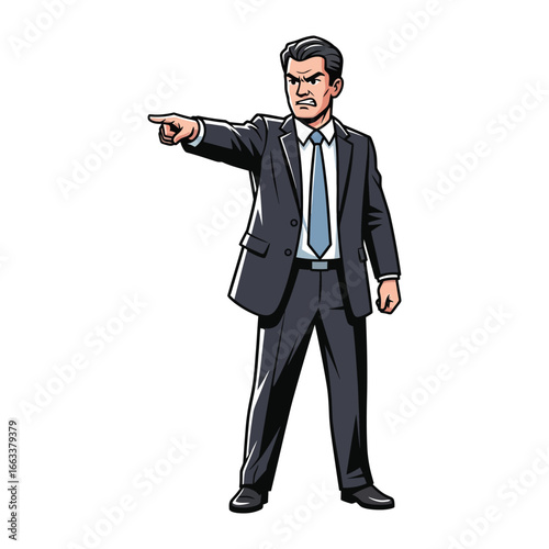 Corporate Command: An illustration of a sharply dressed businessman, radiating authority, sternly pointing his finger. Capturing the intensity of command, this image speaks to leadership.