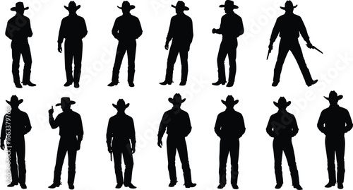 Cowboy silhouette vector set featuring twelve iconic Western poses—perfect for wild west, rodeo, country, ranch, and vintage design projects