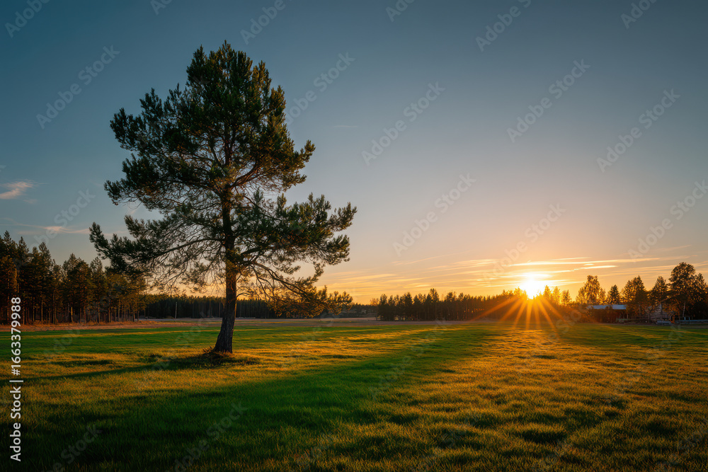 Fototapeta premium capture breathtaking sunset in different countries focusing on rural landscapes filled with fields and forests