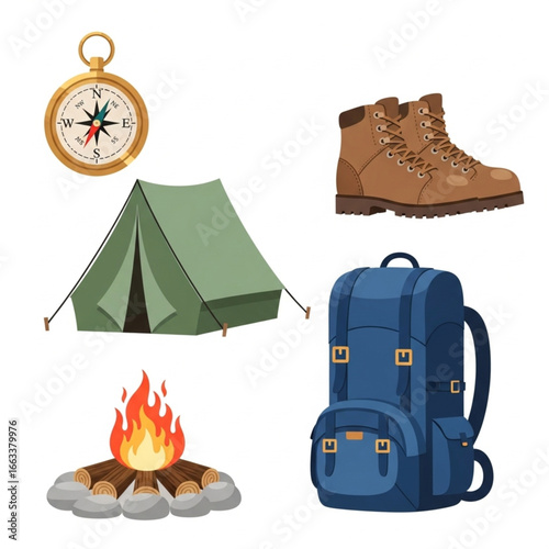 Camping gear: compass, tent, boots, backpack, and campfire illustration.