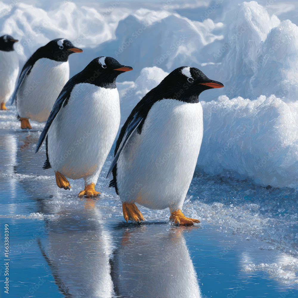 Fototapeta premium Penguins walking on icy terrain in Antarctica