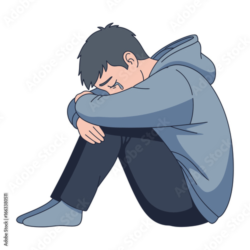 Solitary Despair: A lone figure, consumed by melancholic emotions, sits hunched with a palpable sense of sadness. The vivid illustration captures the weight of personal struggles.