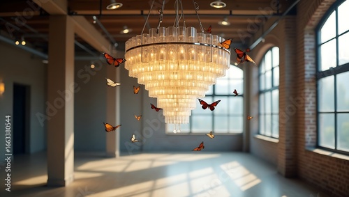 Elegant Chandelier Illuminating Spacious Loft with Butterflies Creating a Dreamy Ambiance and Architectural Details Captured in Soft Light
