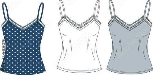 CAD drawing flat vector illustration of camisole tops, lace trim, polka dot, sleeveless design, front and back views, stylish garment layout, summer fashion template, clothing mockup