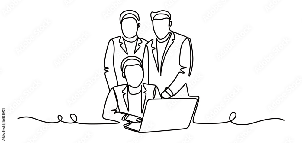 © mamat - Continuous line art of a group of people in work suits working in front of laptops. Teamwork. Discussion about work. Vector illustration.