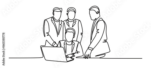 Continuous line art of a group of people in work suits working in front of laptops. Teamwork. Discussion about work. Vector illustration.