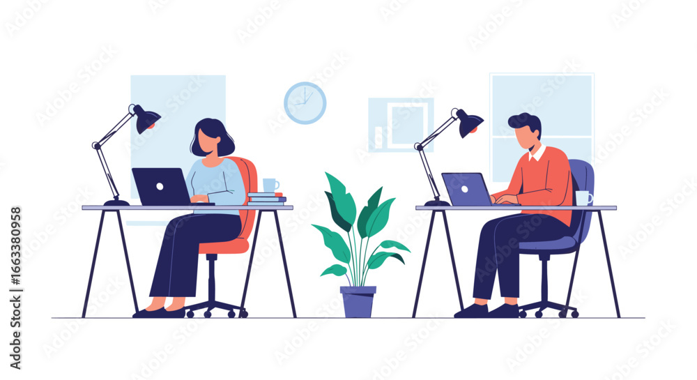 Fototapeta premium Two people working together at desks with laptops in a modern office environment with plants and clocks indicating a productive workday atmosphere