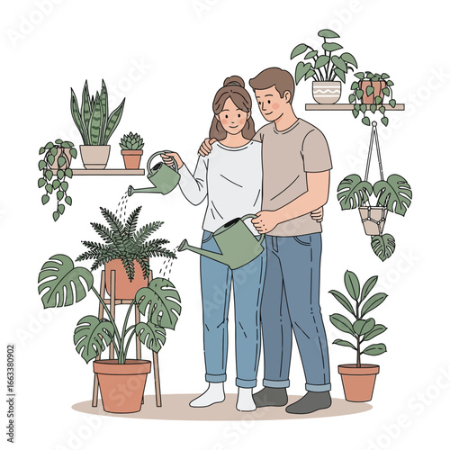Cultivating Connection: A couple finds joy in nurturing their indoor plant collection, using watering can and embrace, creating a tranquil space filled with life and growth.