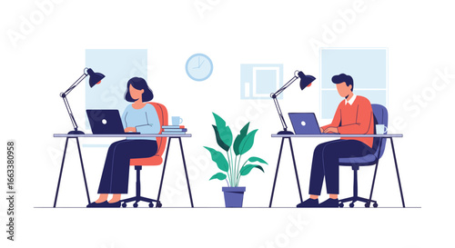 Two people working together at desks with laptops in a modern office environment with plants and clocks indicating a productive workday atmosphere