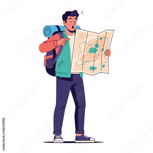 Lost Explorer: An illustration capturing a moment of bewildered contemplation as an explorer, laden with a backpack, pores over a detailed map, pointing with a perplexed expression.