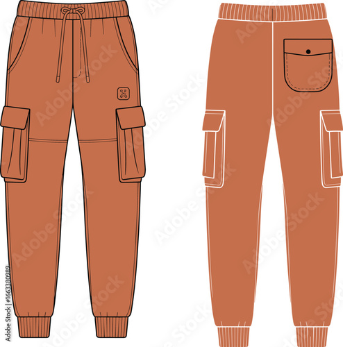 CAD drawing flat vector illustration of cargo jogger pants, flap pocket design, drawstring waist, elastic cuffs, technical fashion layout, casual wear
