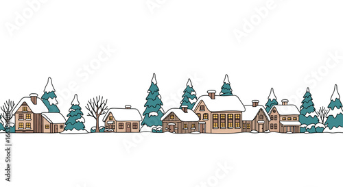 Charming snowy village scene with cozy cottages and evergreen trees a winter wonderland illustration