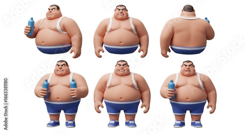 Cartoon illustration of a man with water bottle various poses