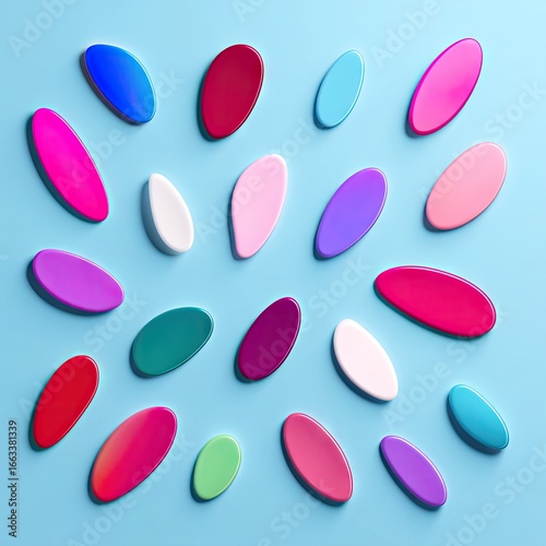 Soft Rubbery Blobs in Prismatic Holographic Hues on Blue Background