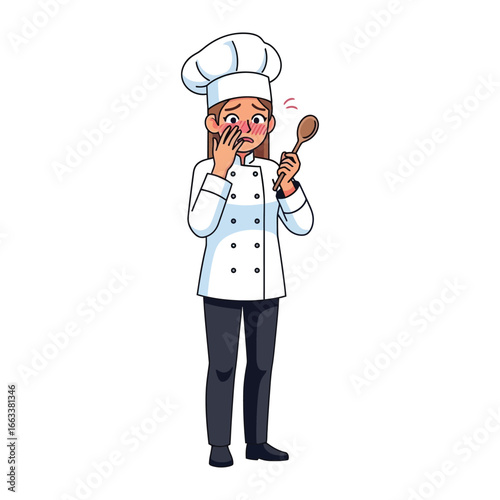 Oh no, it's Terrible! A female chef, adorned in her professional attire, recoils in a moment of surprise while holding a wooden spoon, an image that can be associated with the art of cooking.