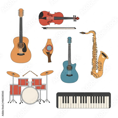 Collection of musical instruments including guitar, violin, saxophone, drums, and keyboard.