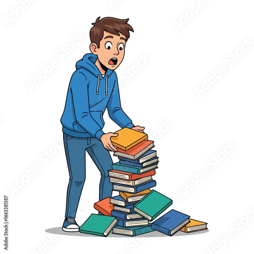 Overflowing with Knowledge: A young student is struggling with a precarious pile of books, expressing shock at the potential collapse, highlighting the weight and importance of knowledge.