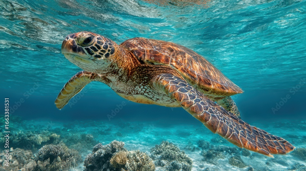 Fototapeta premium Colorful sea turtle swims gracefully over coral reef in tropical waters