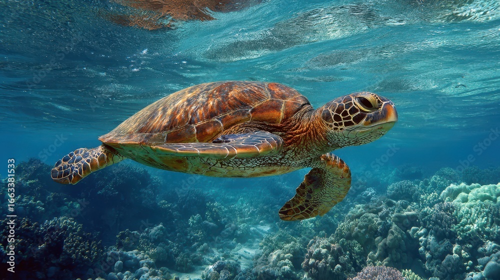 Fototapeta premium Sea turtle gracefully swims through clear ocean waters over colorful coral reef