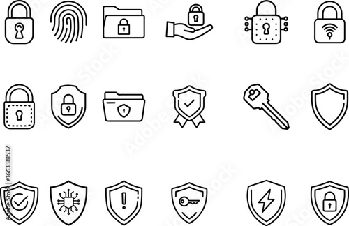 Comprehensive set of 15 outline icons depicting key elements of an action plan including scheduling strategic planning and checkmark symbols