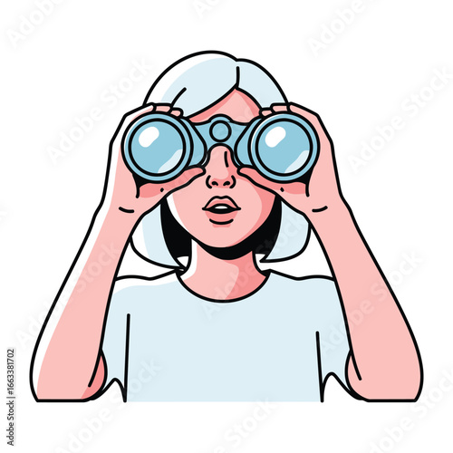 Discovery Through the Lens: A modern woman peers intently through binoculars, her gaze fixed on a point of interest. A stylized, clean illustration that sparks curiosity and exploration.