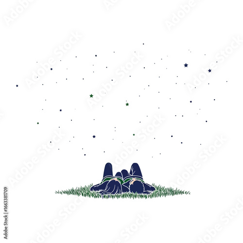 Whispers Under the Stars: A couple lies on the grassy lawn gazing up at the celestial splendor of twinkling stars in a serene night sky, representing serenity and dreaming together.