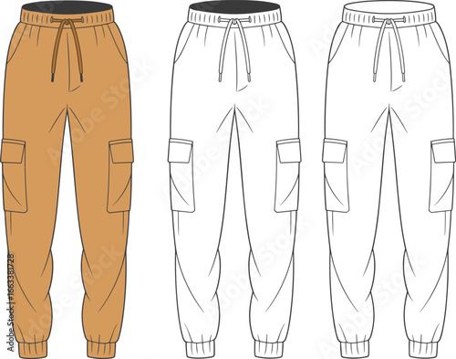 CAD drawing flat vector illustration of cargo jogger pants, front and back views, drawstring waist, elastic cuffs, pocket layout, fashion sketch, garment template, stylish menswear design