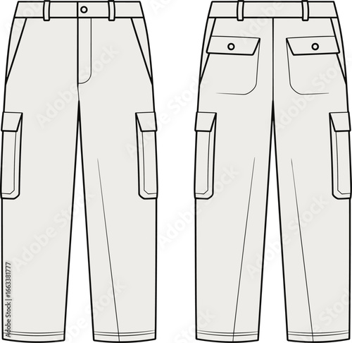 CAD drawing flat vector illustration of cargo jogger pants, front and back view, flap pockets, drawstring waist, elastic cuff, fashion layout, garment sketch, clothing design