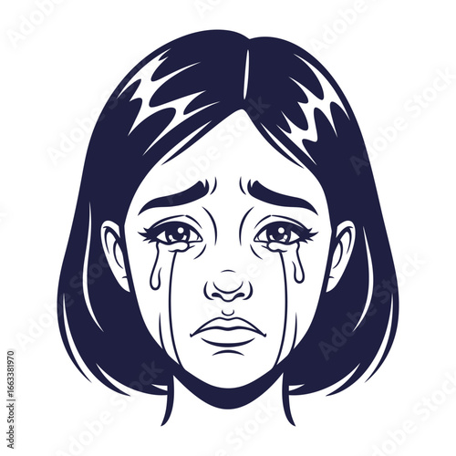 Tearful Portrait: A poignant black-and-white depiction of a woman in distress, her eyes brimming with tears that stream down her face, conveying raw emotion and vulnerability.
