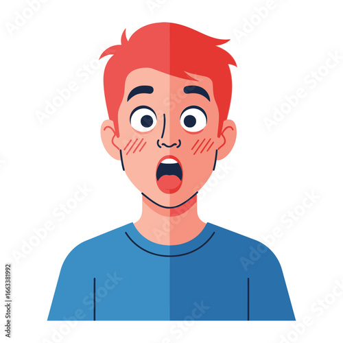 Shock and Amazement Portrait: A young man, captured in a vibrant, graphic illustration, expresses sheer shock and amazement, his wide eyes and open mouth conveying intense surprise and disbelief.
