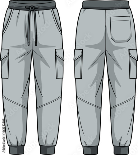 CAD drawing flat vector illustration of cargo jogger pants, front and back views, drawstring waist, multiple pockets, casual menswear design, fashion template, stylish streetwear layout