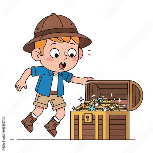 Discovery's Delight: A young adventurer's eyes widen in amazement as they stumble upon a treasure chest overflowing with gold coins and sparkling gems.