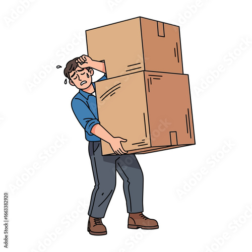 Burden of Delivery: A man struggles with heavy boxes, his expression a mix of strain and determination, encapsulating the everyday challenges of hard work and the commitment to getting the job done.