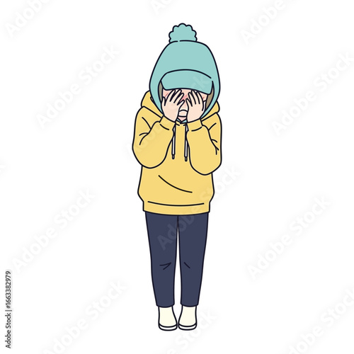 Shy Expression: A single figure, obscured by their own hands, clad in a cozy ensemble, captures the essence of introspective moments.