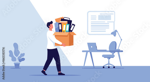 Professional individual relocating personal office equipment and supplies for a new work environment or remote setup