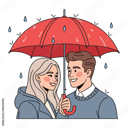 Eternal Embrace: A lovely pair, shielded beneath the umbrella of a red hue, finds solace amid gentle rainfall, radiating affection and harmony.
