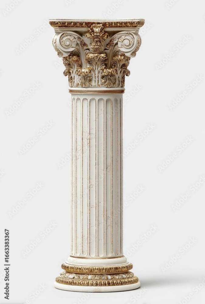Fototapeta premium Ornate off-white column with gold accents, featuring fluted shaft, detailed capital, and base; classical design