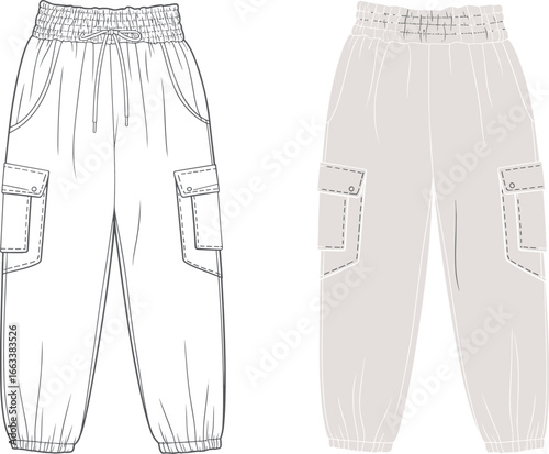 Cad drawing flat vector illustration of cargo pants with elastic waist, flap pockets, jogger hem, technical fashion design sketch, editable apparel template for designers