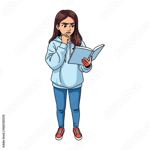 Thoughtful Reading: A young woman, engrossed in her book, stands deep in thought, her expression reflecting the complexities of the written word, showcasing the power of knowledge and introspection.
