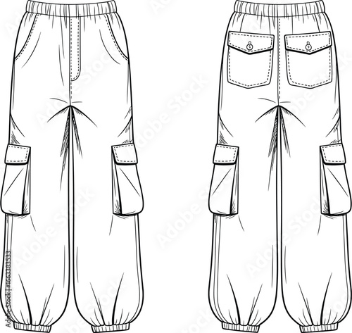 Cad drawing flat vector illustration of cargo pants with flap pockets, elastic hem, casual fashion sketch, front and back technical garment design template
