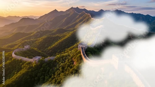 Mountain range with a long wall spanning across the ridges partially obscured by clouds